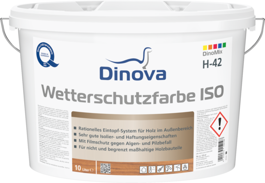 Gebinde  Wetterschutzfarbe ISO H-42 | Isolierende, gut deckende Holzfarbe im Ein-Topf-System für außen